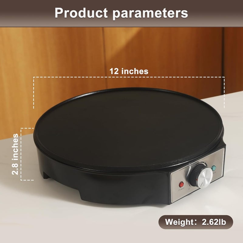 UVFAST Electric Crepe Maker 12'' & Griddle - Non-Stick Pan With Spreader for Roti, Tortilla, Blintzes, Pancakes - Adjustable Temperature, 1000W - Image 5